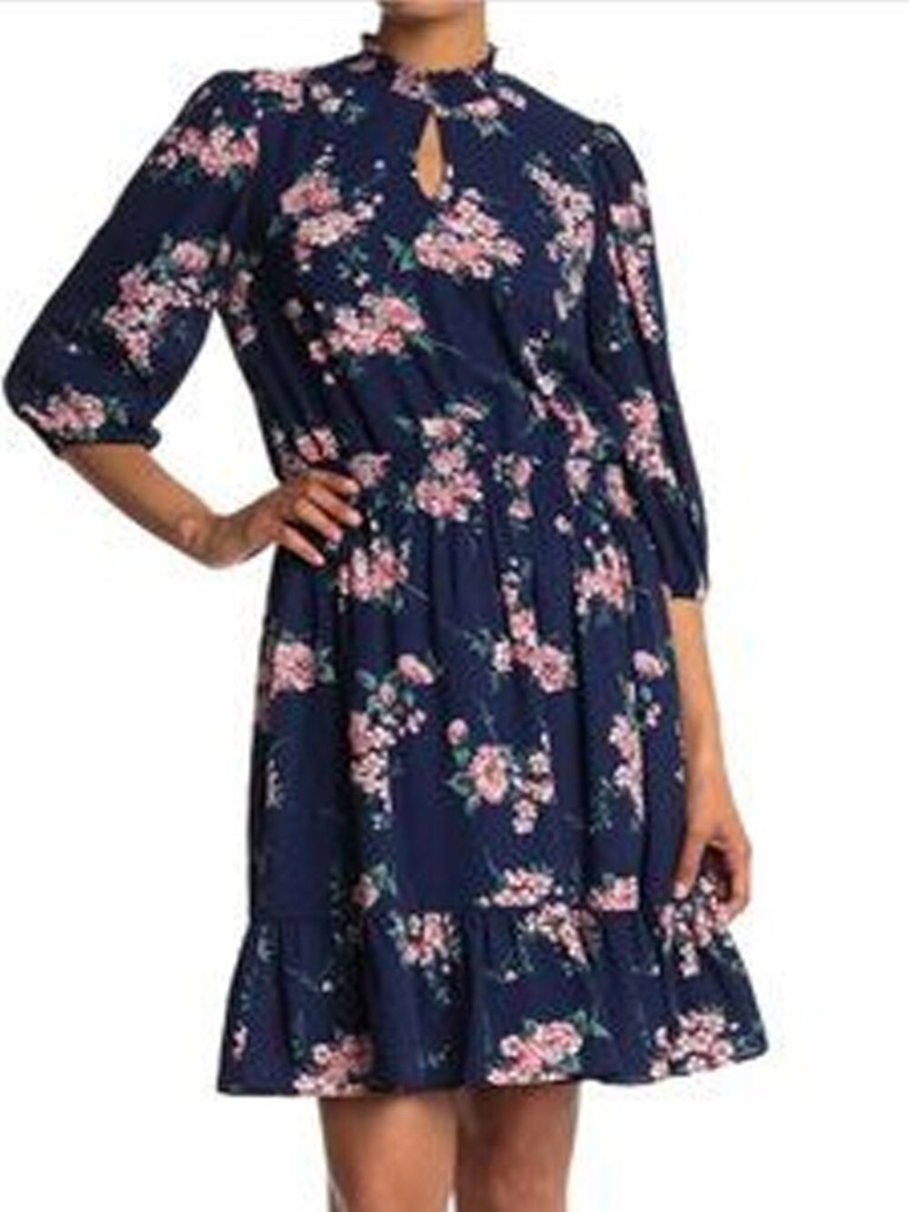 Nanette Nanette Lepore Navy Floral High-Neck Smocked Dress